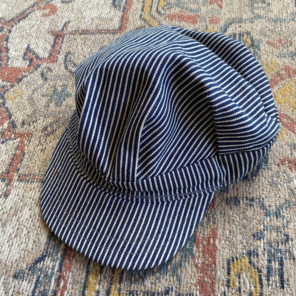 Vintage Railroad Engineer Hat Blue White Hickory Stripe Adjustable Elastic Adult